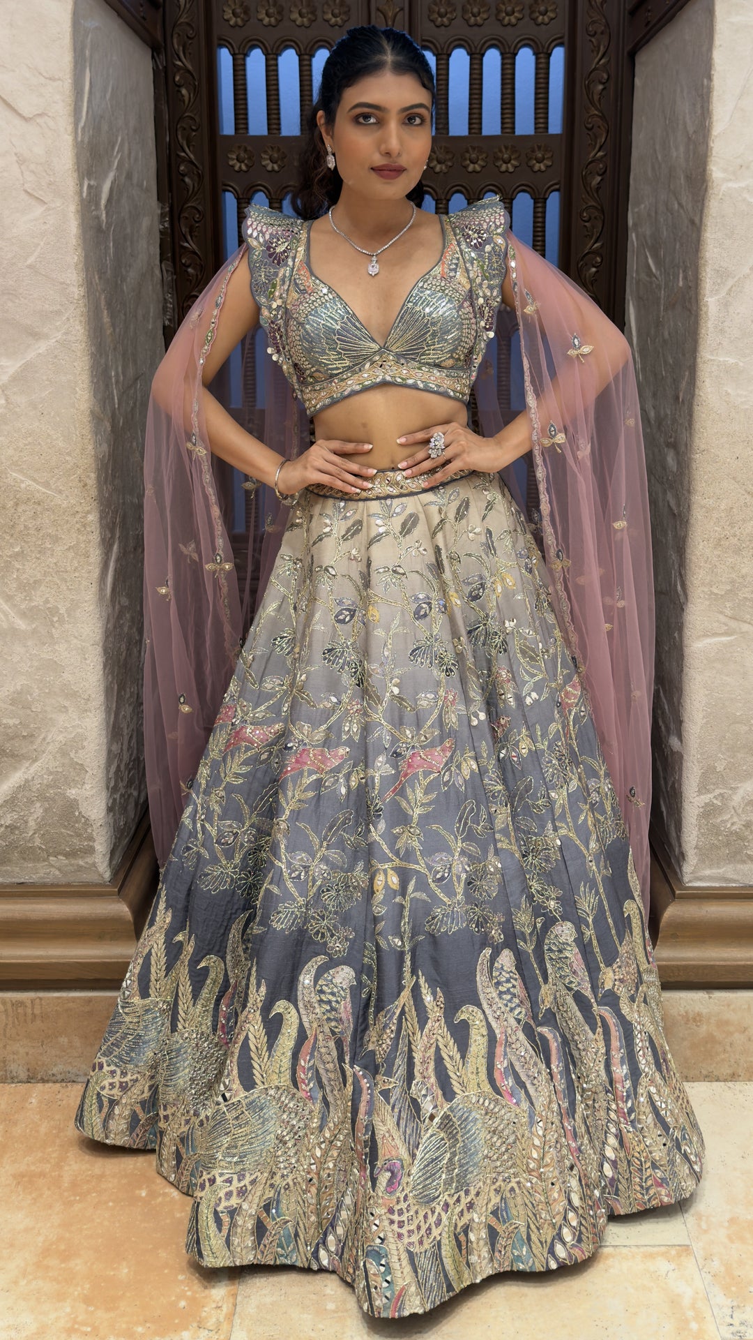 Steel Grey Peacock Embroidered Designer Lehenga Set with Cape Sleeves