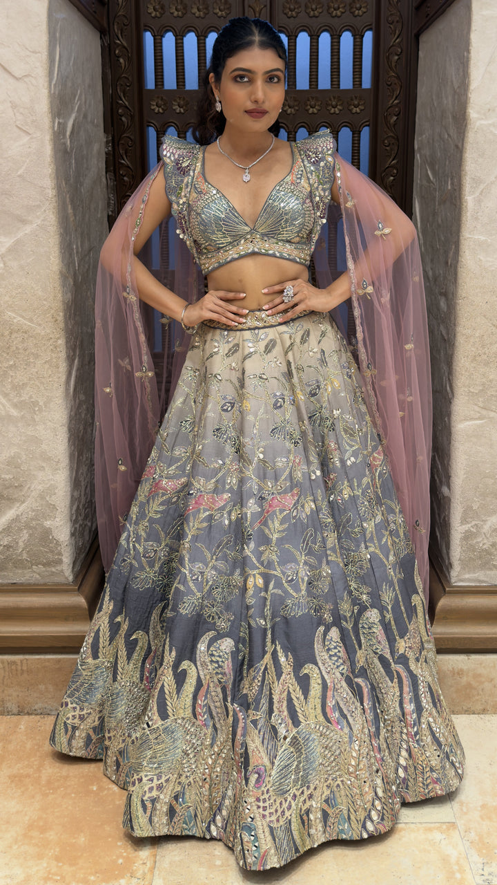 Steel Grey Peacock Embroidered Designer Lehenga Set with Cape Sleeves