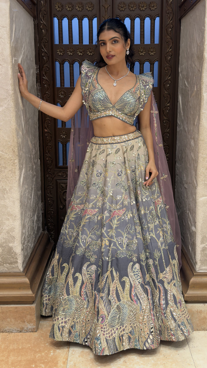 Steel Grey Peacock Embroidered Designer Lehenga Set with Cape Sleeves