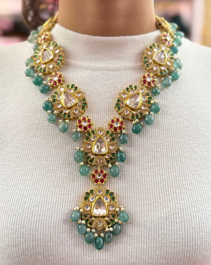 Royal Kundan Necklace with Green Beads & Ruby Floral Detailing