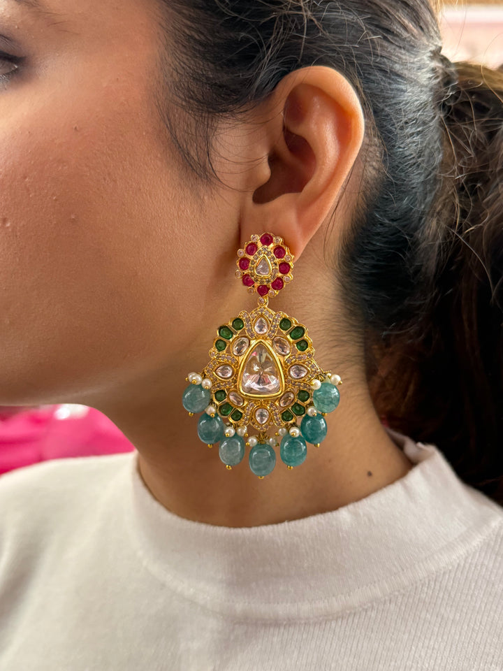 Royal Kundan Necklace with Green Beads & Ruby Floral Detailing