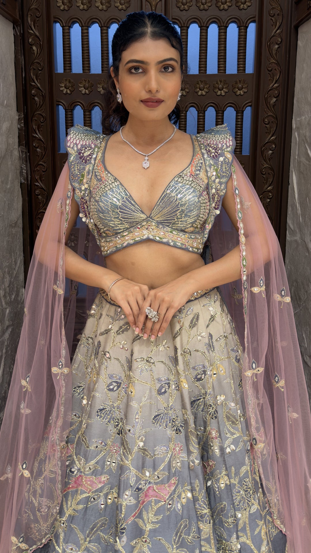 Steel Grey Peacock Embroidered Designer Lehenga Set with Cape Sleeves