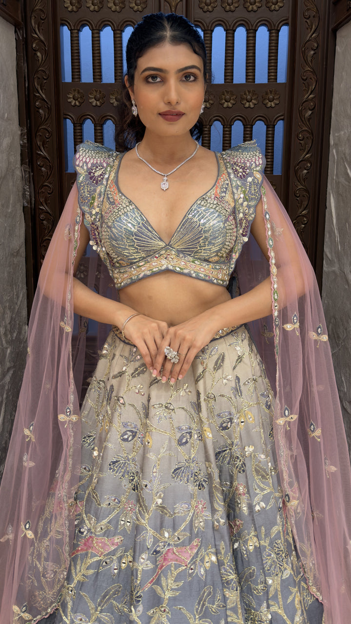 Steel Grey Peacock Embroidered Designer Lehenga Set with Cape Sleeves