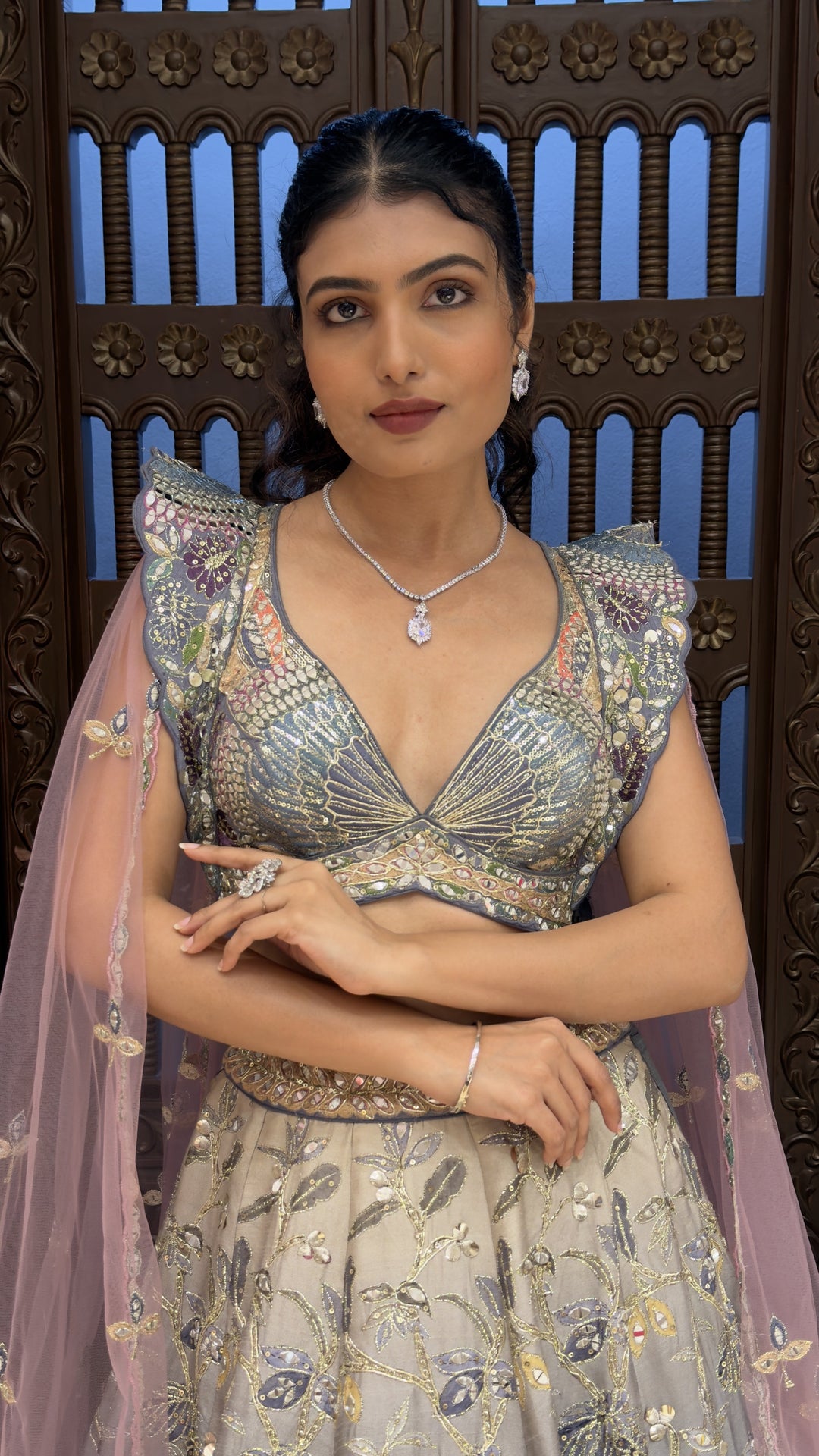 Steel Grey Peacock Embroidered Designer Lehenga Set with Cape Sleeves