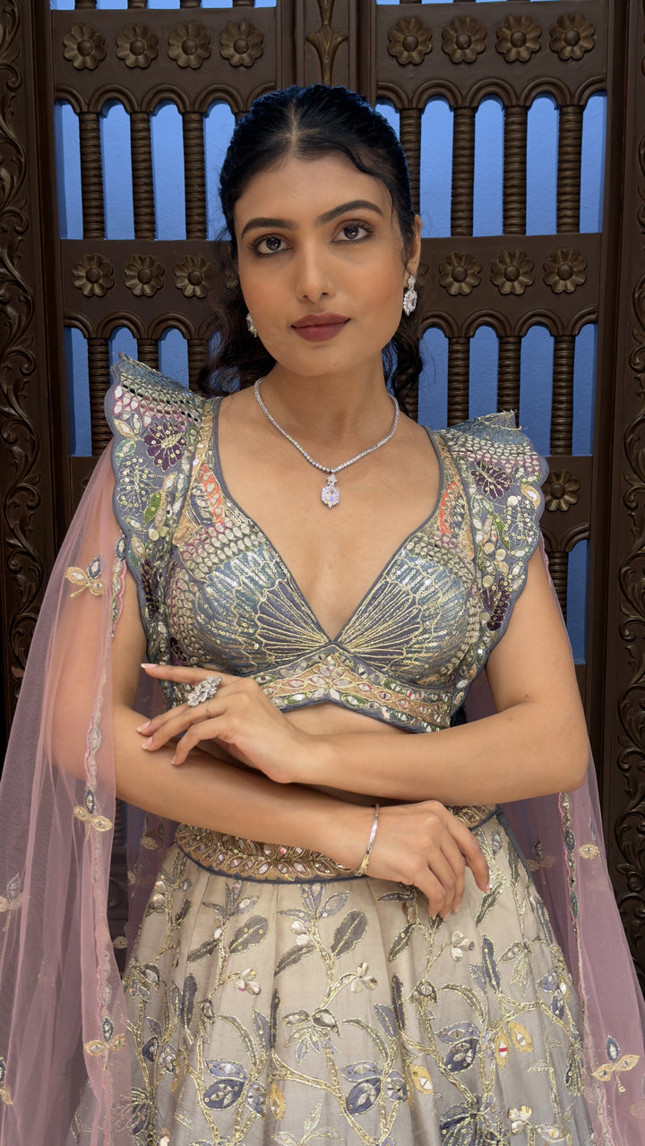 Steel Grey Peacock Embroidered Designer Lehenga Set with Cape Sleeves