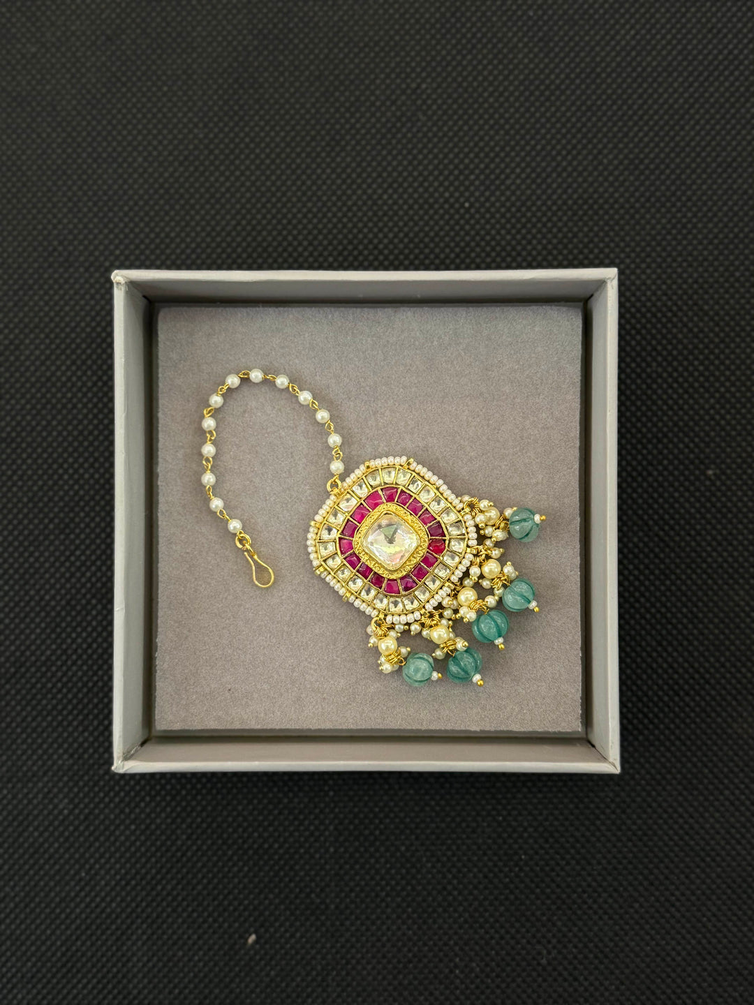 Bridal Kundan Choker Necklace Set with Green Beads & Maang Tikka