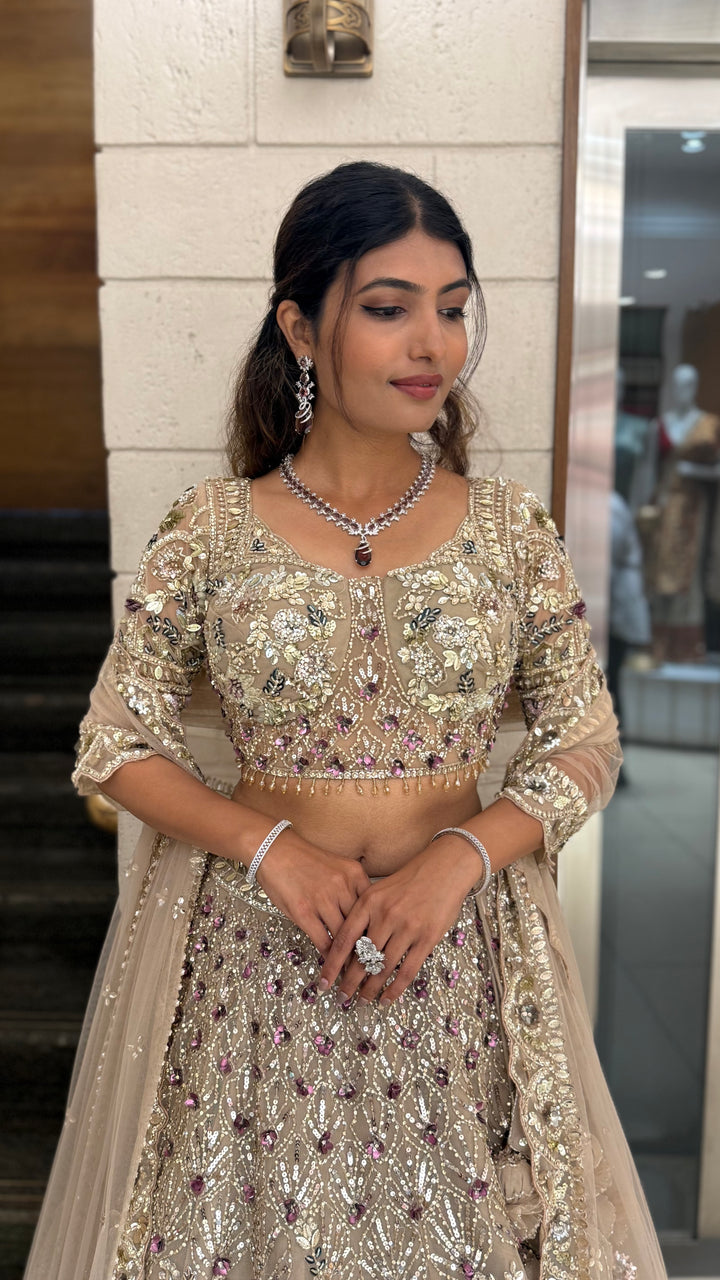 Champagne Gold Heavy Embroidered Designer Lehenga Choli Set with Net Dupatta