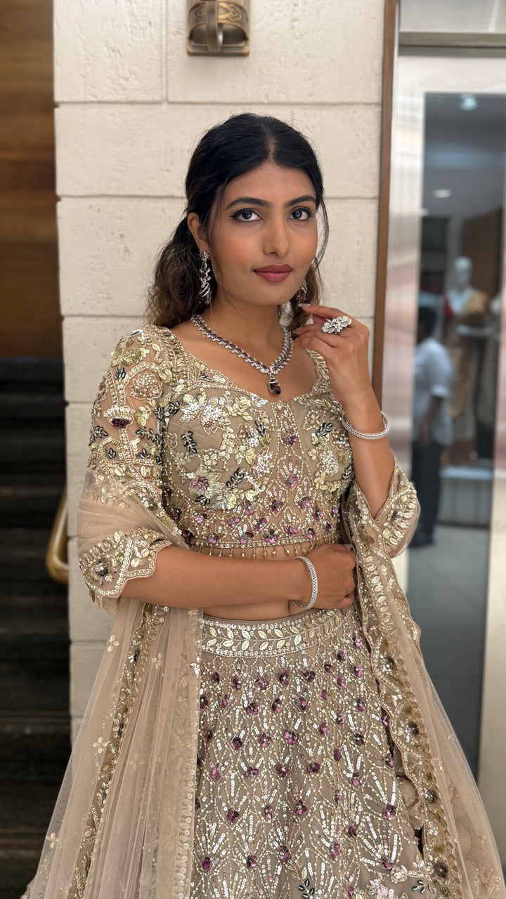 Champagne Gold Heavy Embroidered Designer Lehenga Choli Set with Net Dupatta