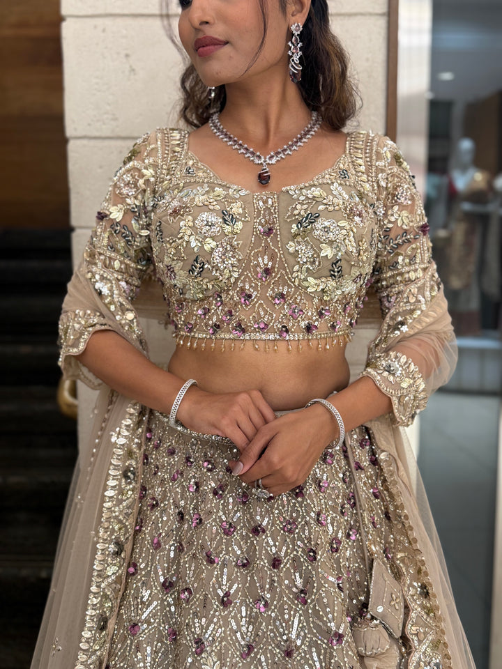 Champagne Gold Heavy Embroidered Designer Lehenga Choli Set with Net Dupatta