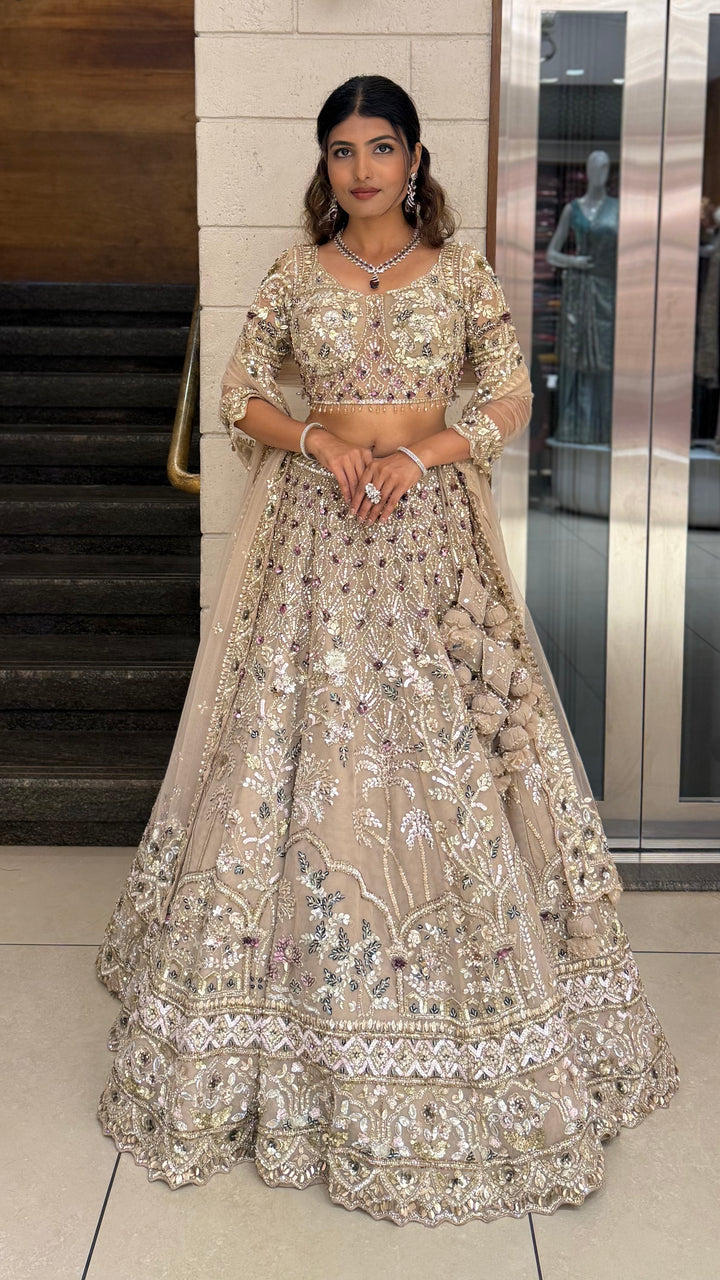 Champagne Gold Heavy Embroidered Designer Lehenga Choli Set with Net Dupatta