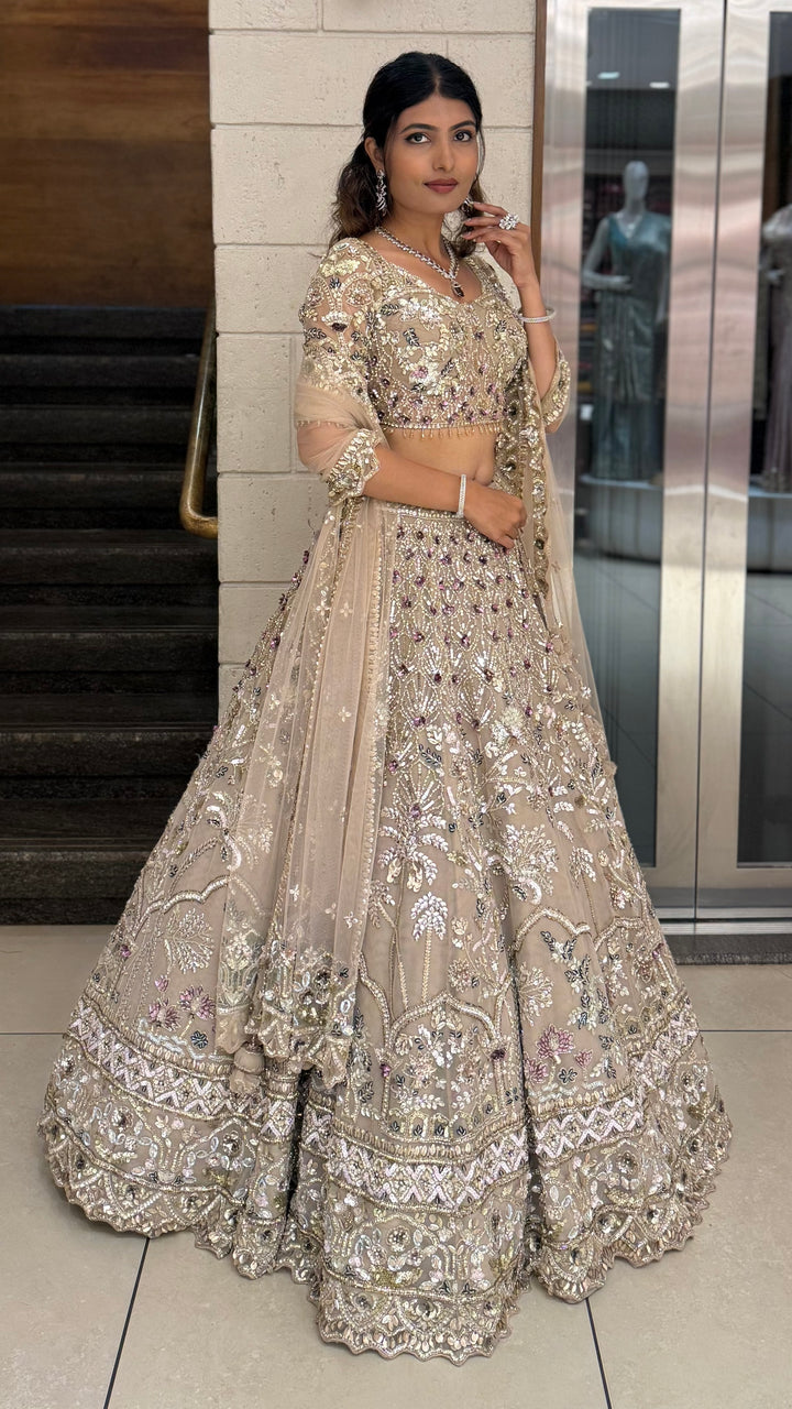 Champagne Gold Heavy Embroidered Designer Lehenga Choli Set with Net Dupatta