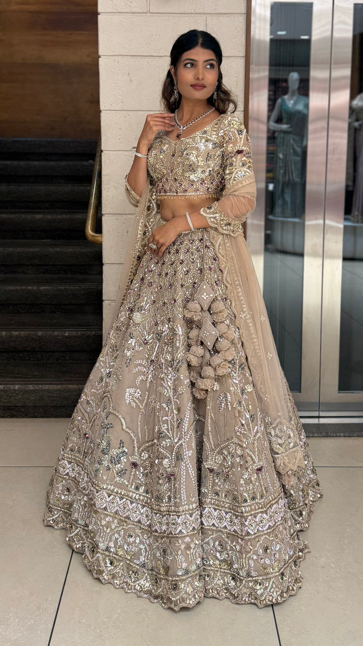 Champagne Gold Heavy Embroidered Designer Lehenga Choli Set with Net Dupatta