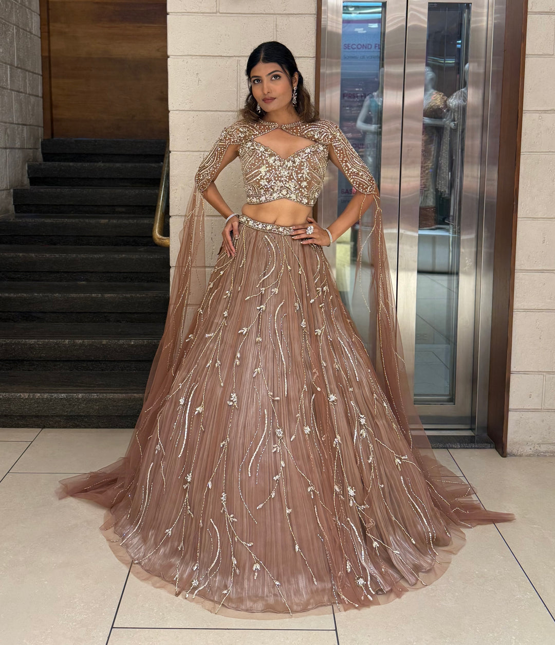 Rose Taupe Sequin Embellished Designer Lehenga Choli with Cape-Style Dupatta