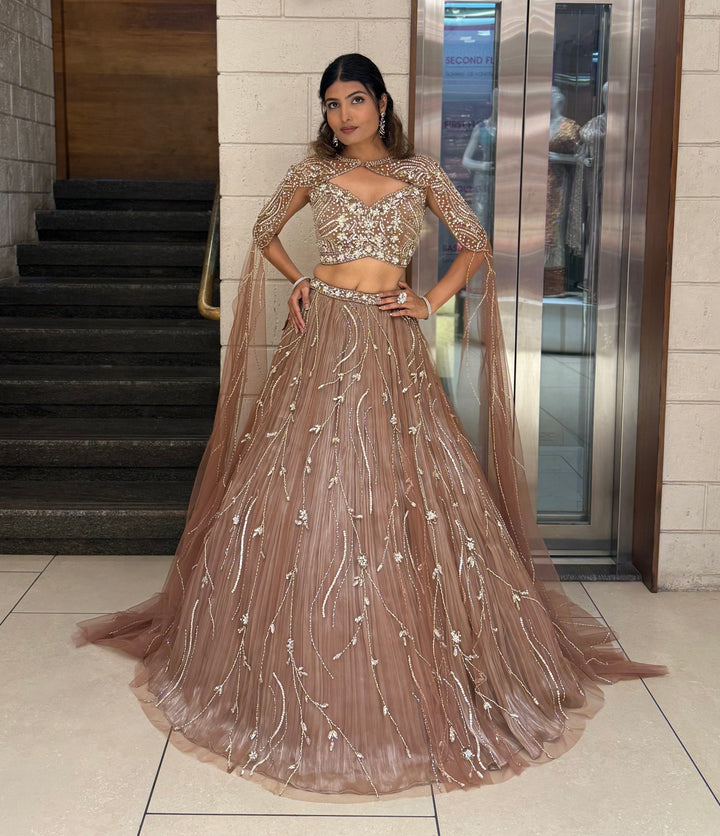 Rose Taupe Sequin Embellished Designer Lehenga Choli with Cape-Style Dupatta