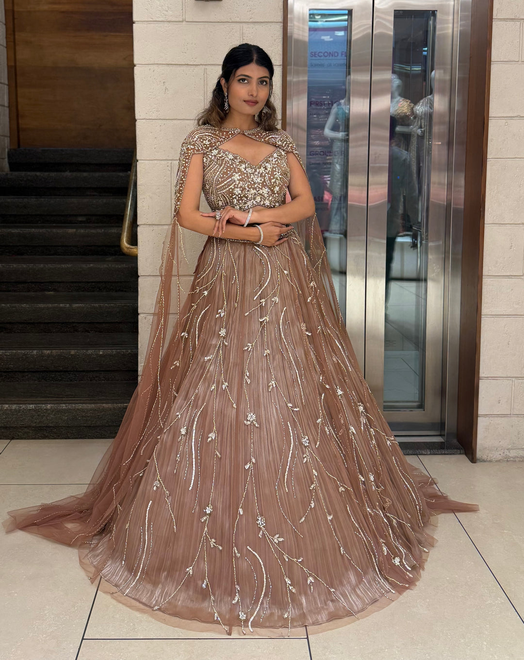 Rose Taupe Sequin Embellished Designer Lehenga Choli with Cape-Style Dupatta