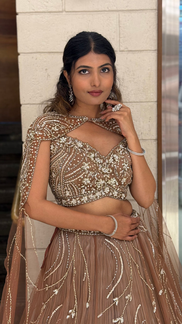 Rose Taupe Sequin Embellished Designer Lehenga Choli with Cape-Style Dupatta