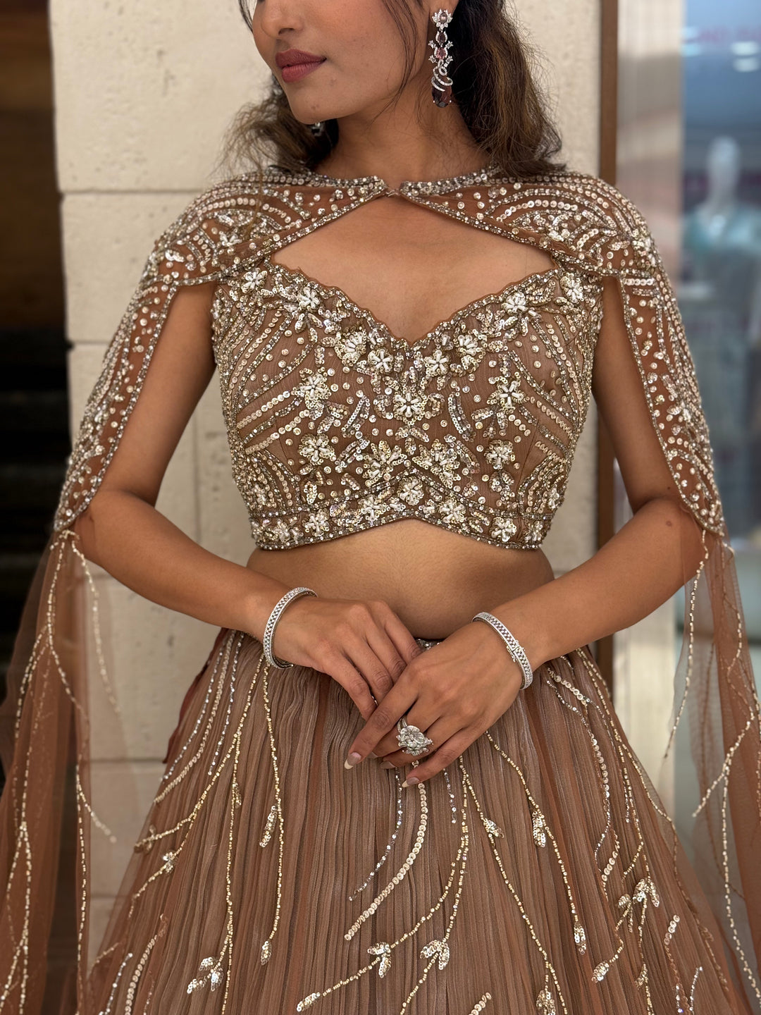 Rose Taupe Sequin Embellished Designer Lehenga Choli with Cape-Style Dupatta