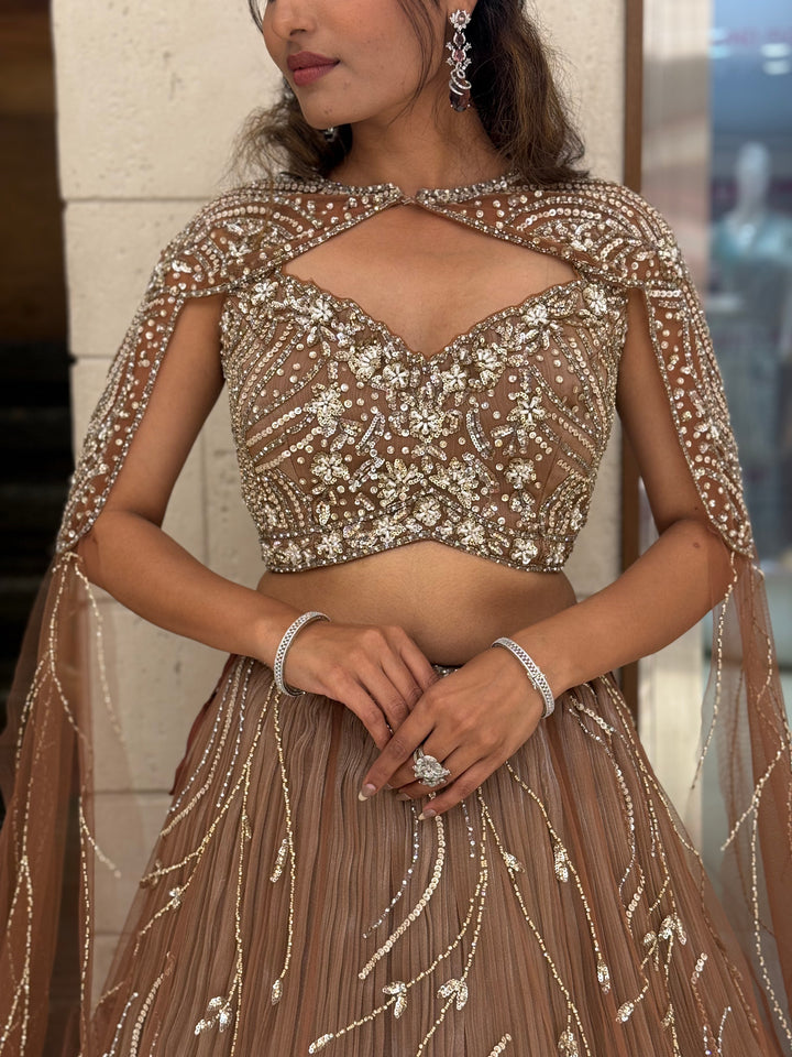 Rose Taupe Sequin Embellished Designer Lehenga Choli with Cape-Style Dupatta