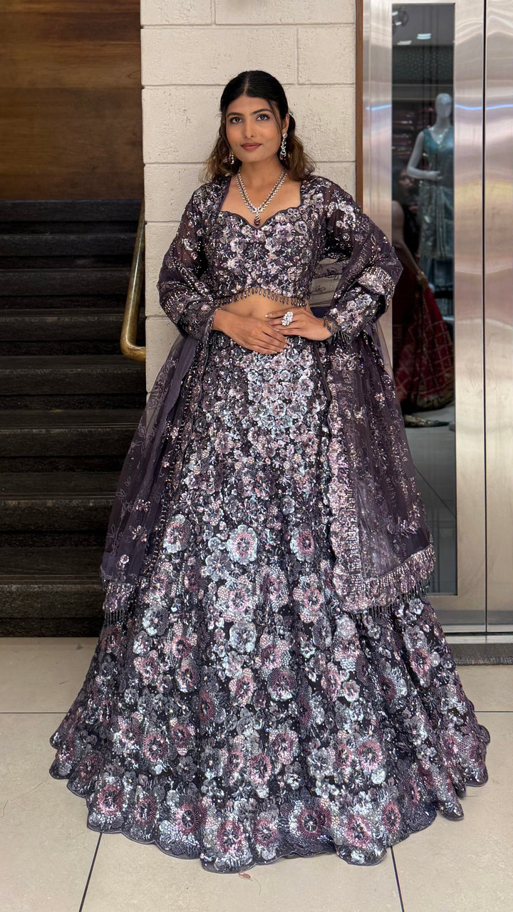 Midnight Plum Heavy Sequin Embroidered Designer Lehenga Choli with Sheer Dupatta