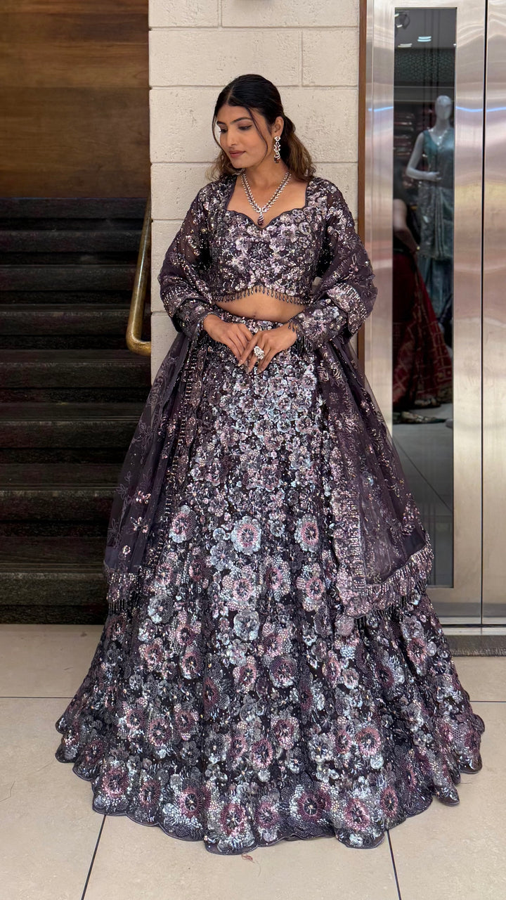 Midnight Plum Heavy Sequin Embroidered Designer Lehenga Choli with Sheer Dupatta