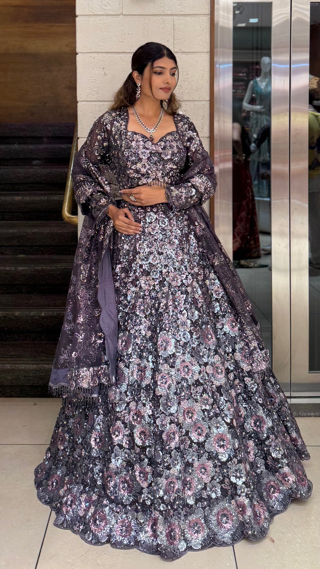 Midnight Plum Heavy Sequin Embroidered Designer Lehenga Choli with Sheer Dupatta