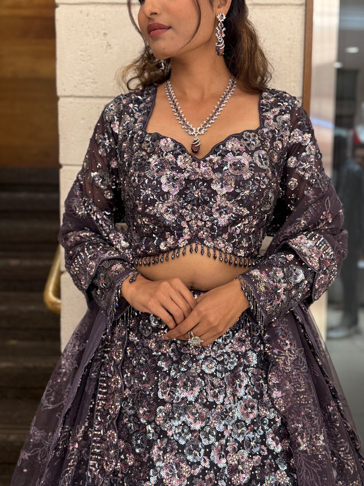 Midnight Plum Heavy Sequin Embroidered Designer Lehenga Choli with Sheer Dupatta