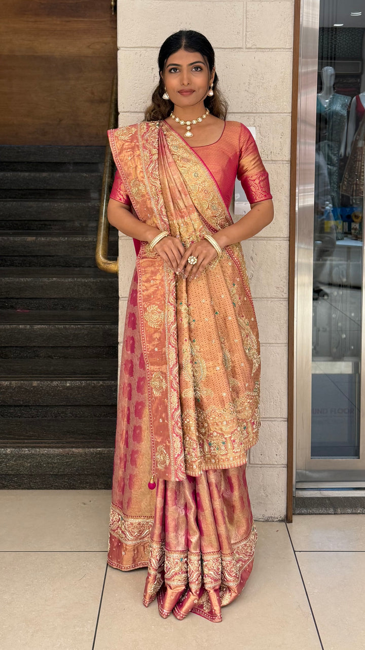 Peach & Rose Gold Embellished Designer Saree with Rich Zari Work