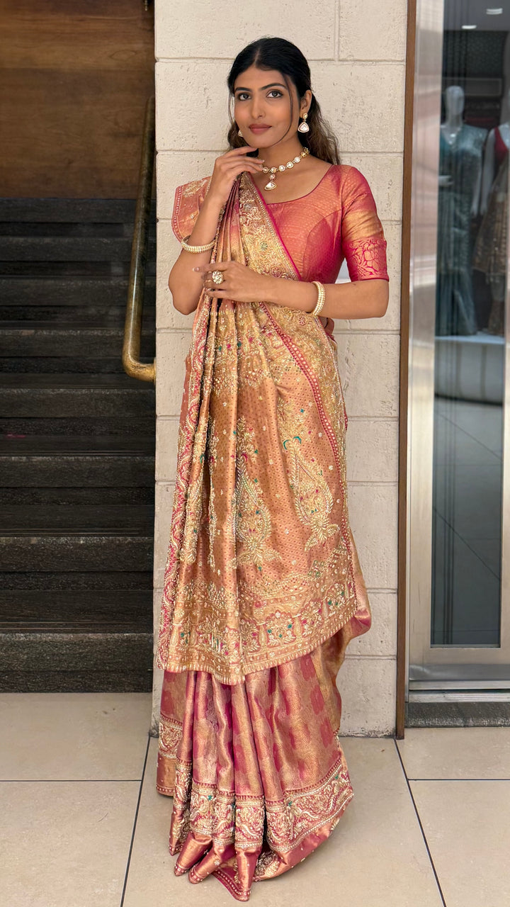 Peach & Rose Gold Embellished Designer Saree with Rich Zari Work