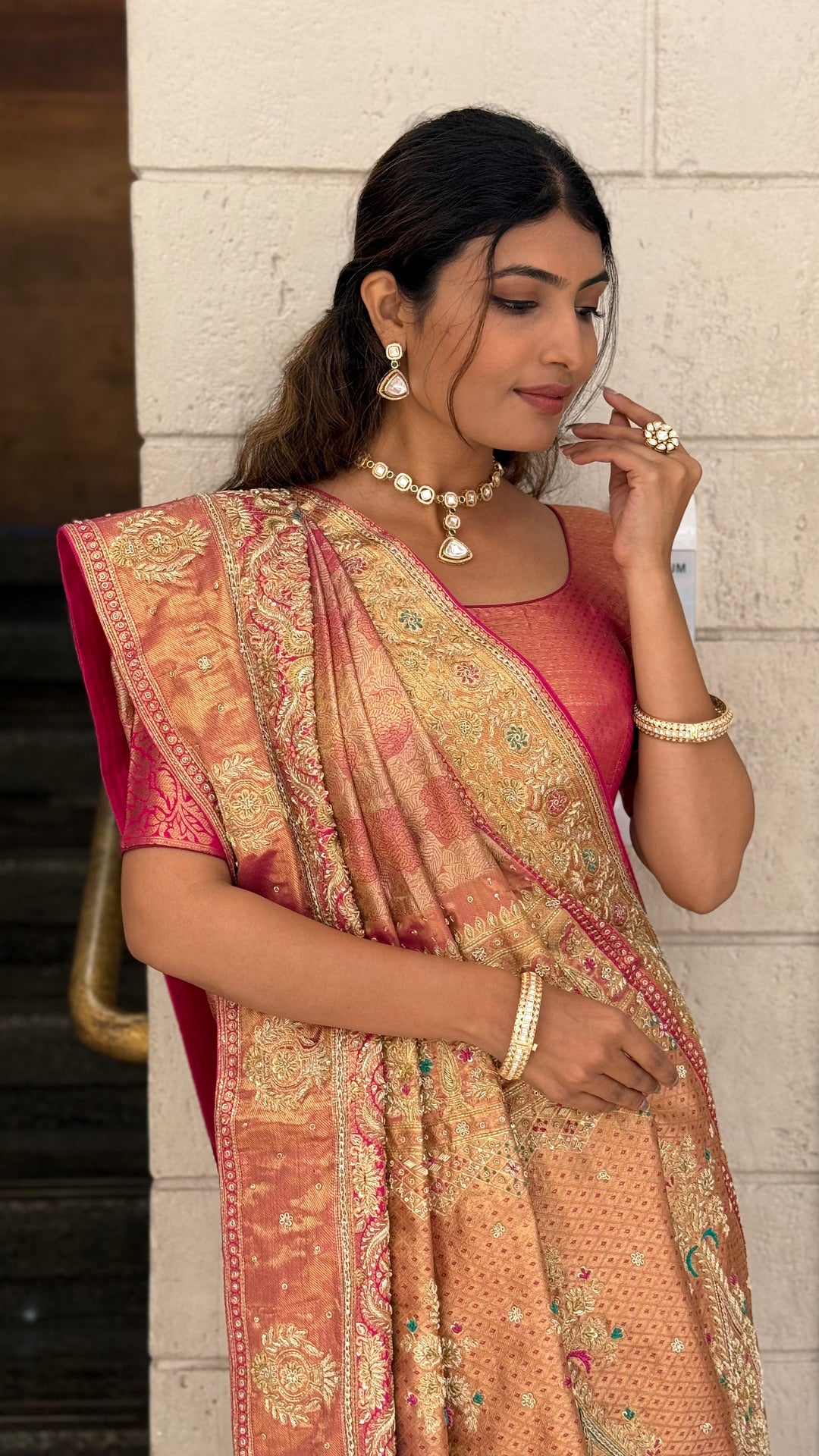 Peach & Rose Gold Embellished Designer Saree with Rich Zari Work