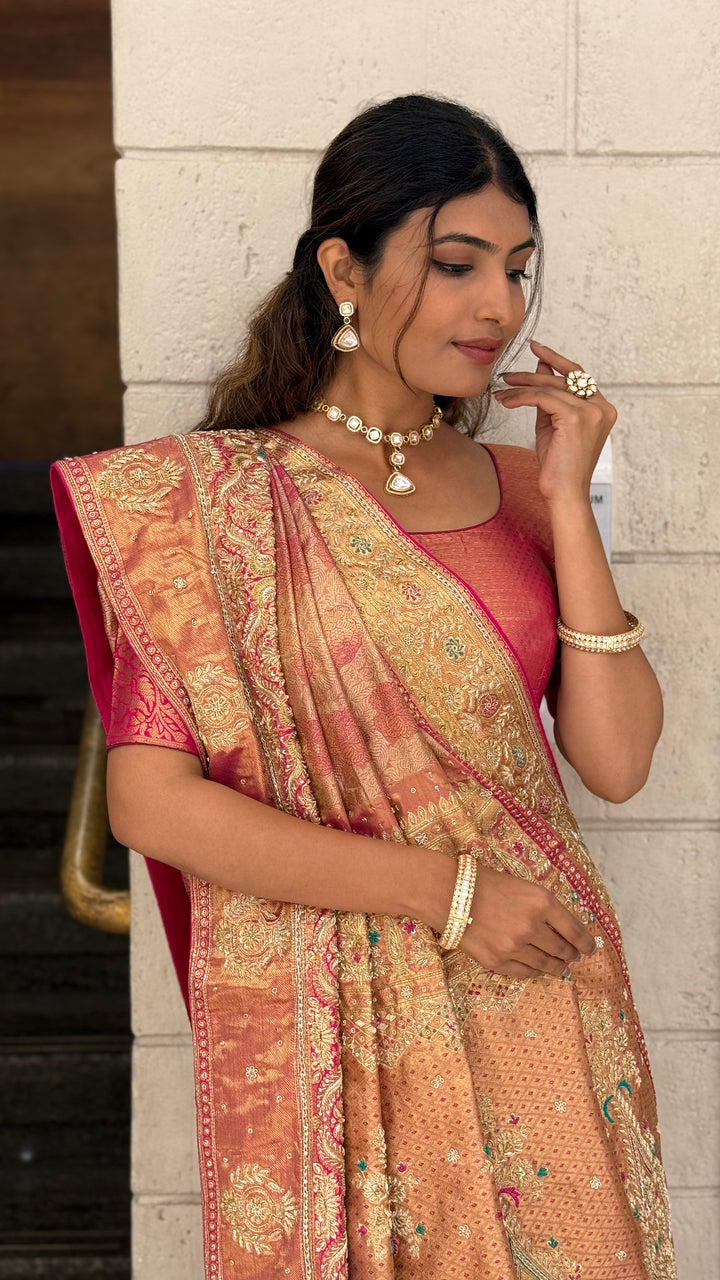 Peach & Rose Gold Embellished Designer Saree with Rich Zari Work