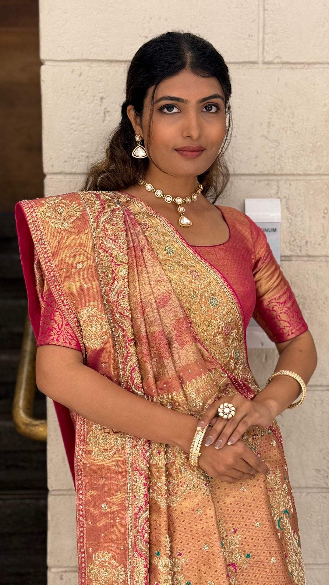 Peach & Rose Gold Embellished Designer Saree with Rich Zari Work