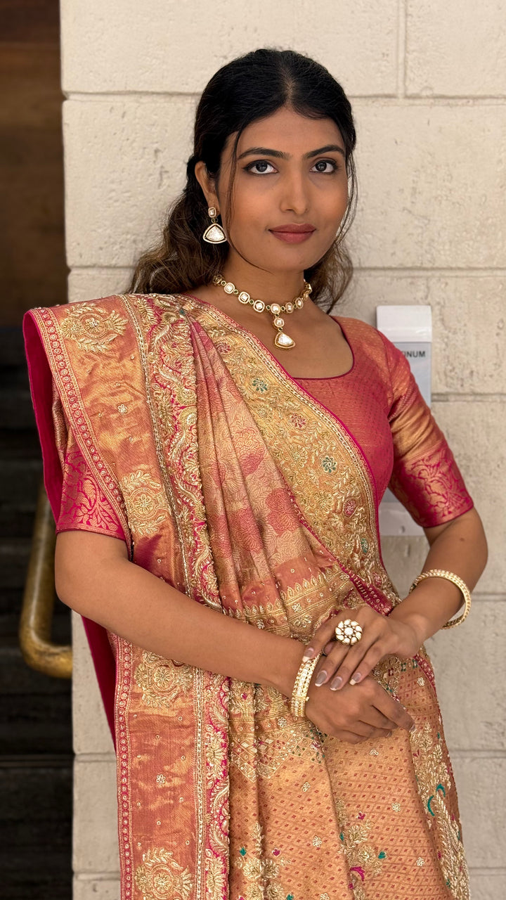 Peach & Rose Gold Embellished Designer Saree with Rich Zari Work