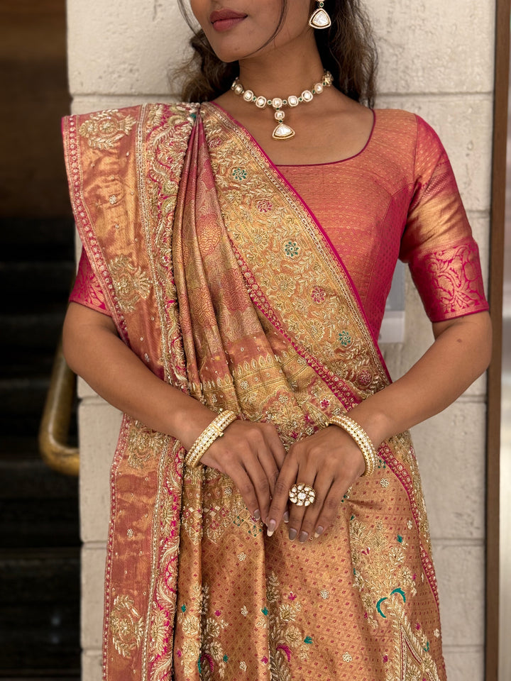Peach & Rose Gold Embellished Designer Saree with Rich Zari Work