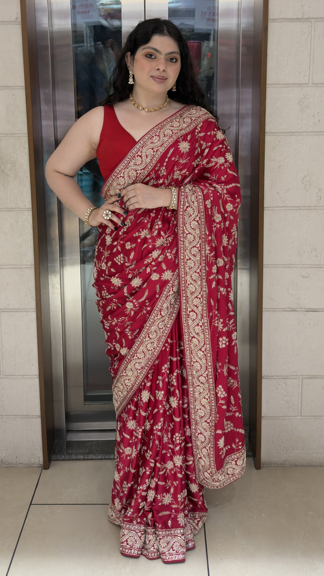 Ruby Red Hand Embroidered Designer Saree with Zari Floral Work