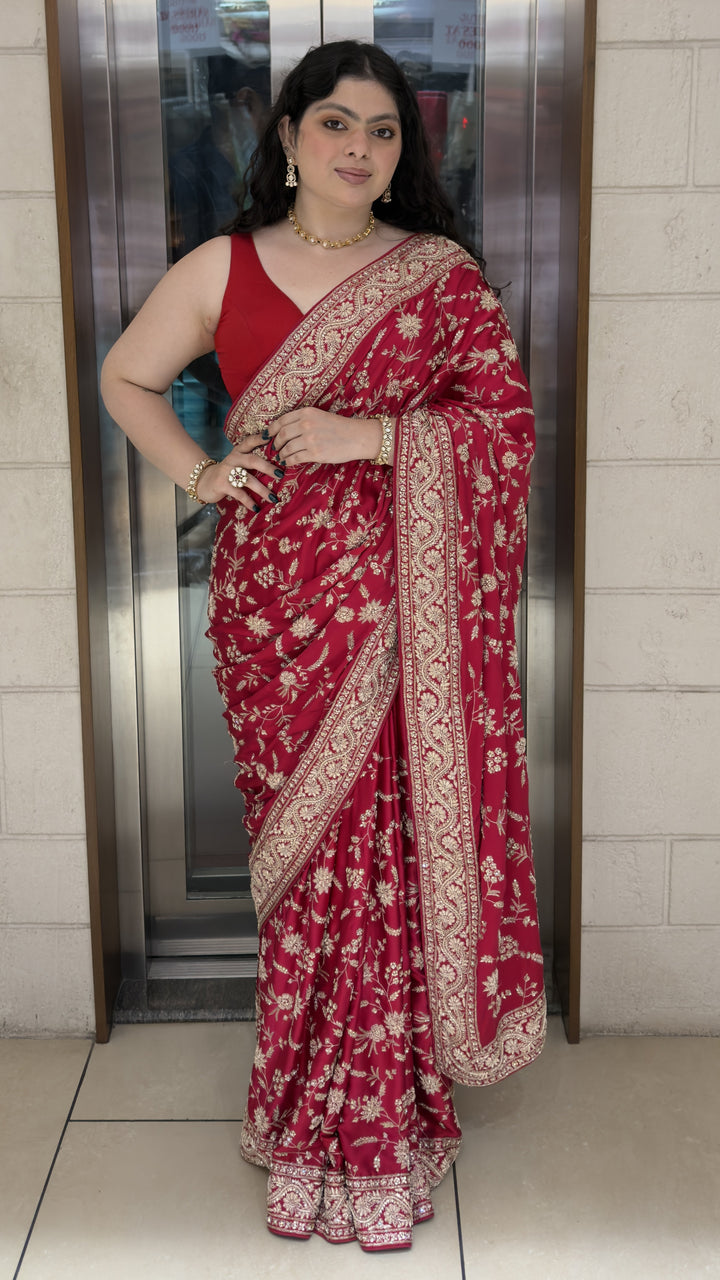 Ruby Red Hand Embroidered Designer Saree with Zari Floral Work