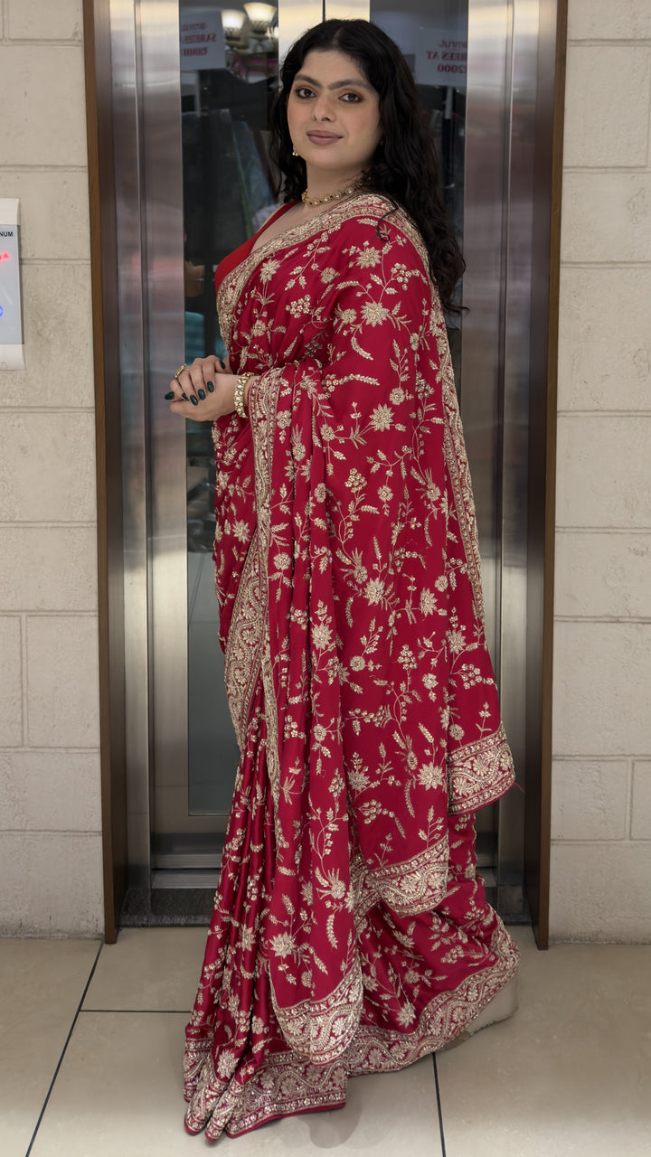 Ruby Red Hand Embroidered Designer Saree with Zari Floral Work