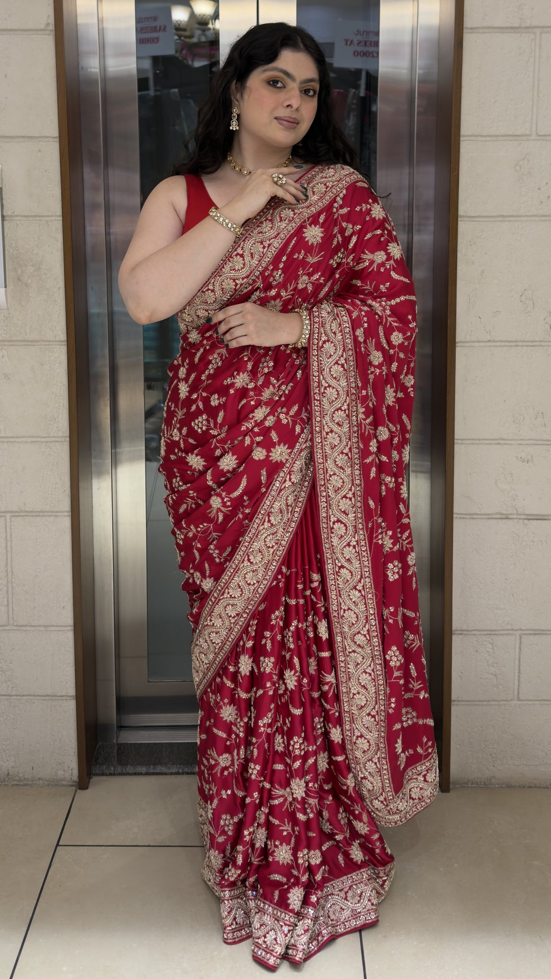 Ruby Red Hand Embroidered Designer Saree with Zari Floral Work