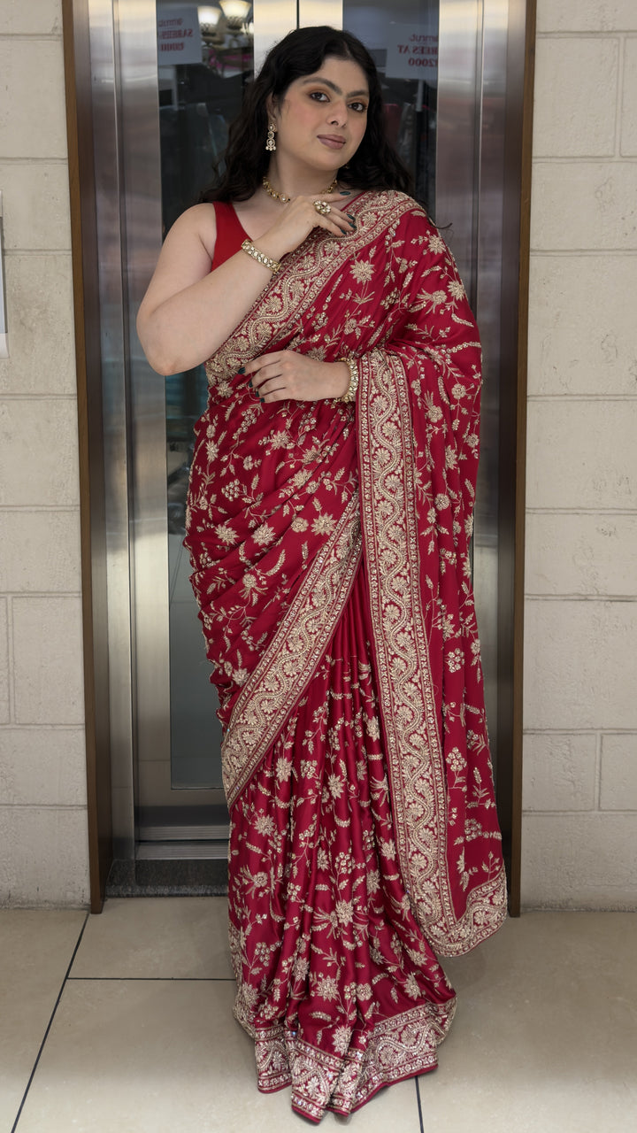 Ruby Red Hand Embroidered Designer Saree with Zari Floral Work