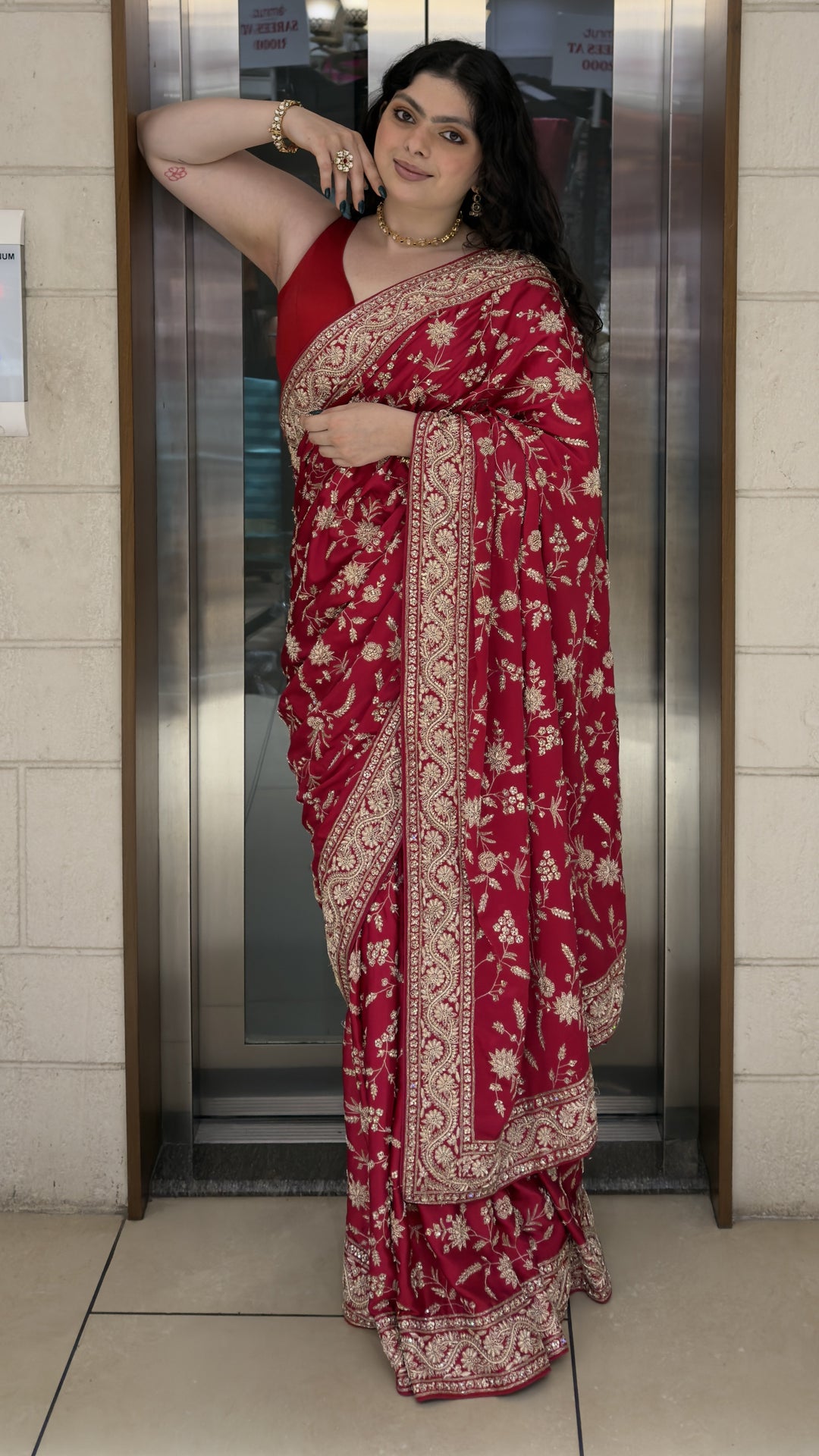 Ruby Red Hand Embroidered Designer Saree with Zari Floral Work
