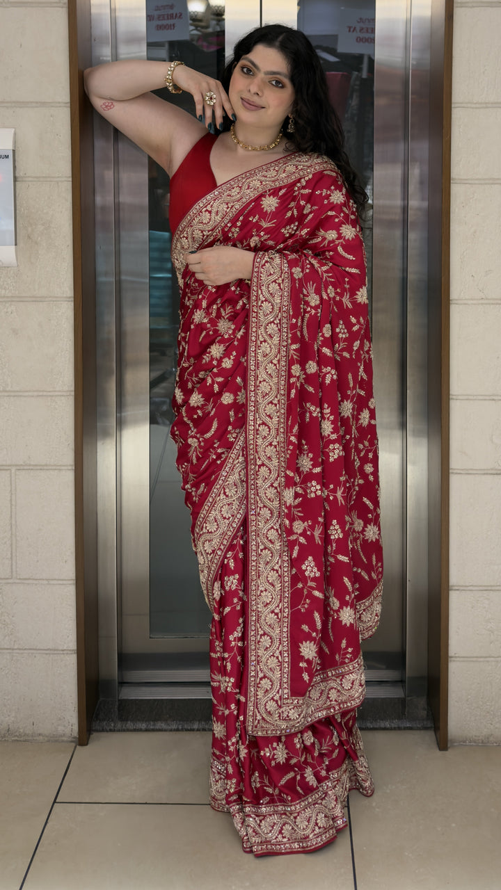 Ruby Red Hand Embroidered Designer Saree with Zari Floral Work
