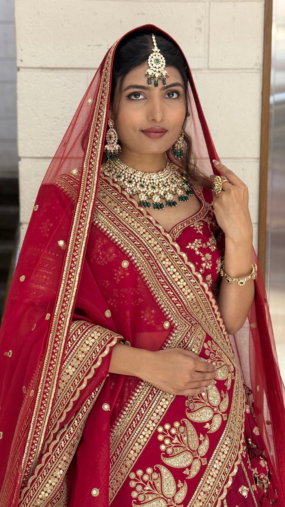 Crimson Red Heavy Embroidered Bridal Lehenga Choli with Gold Zari Work & Double Dupatta