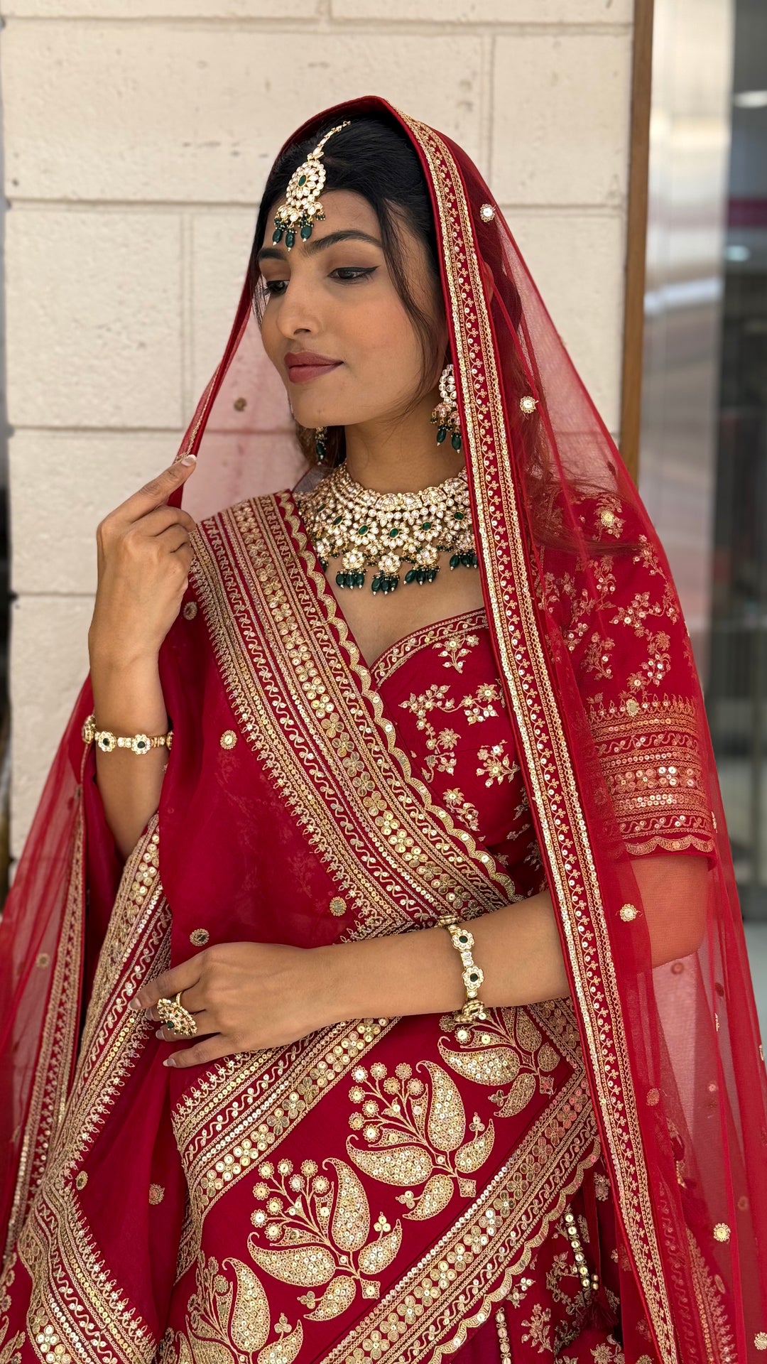 Crimson Red Heavy Embroidered Bridal Lehenga Choli with Gold Zari Work & Double Dupatta