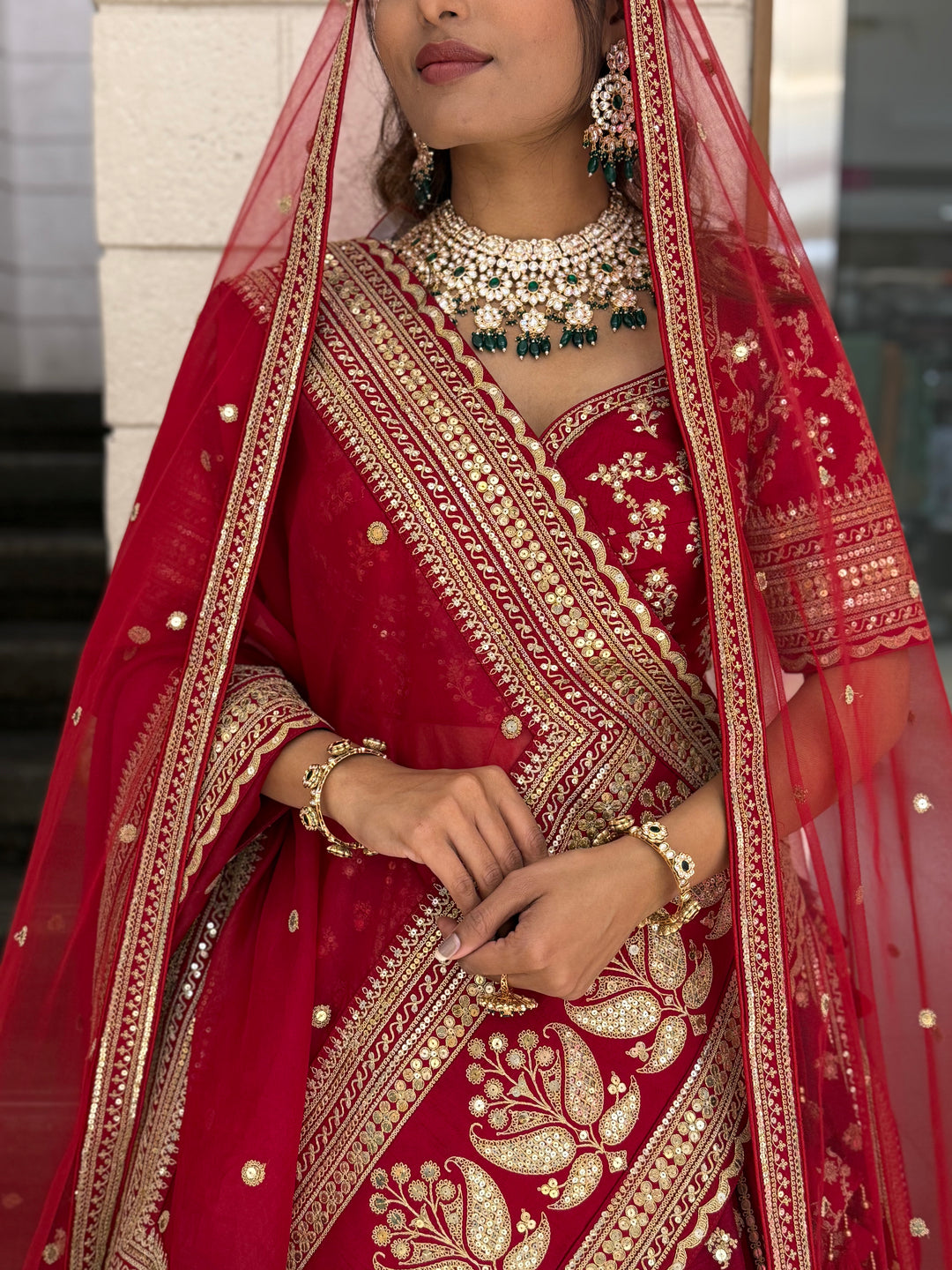 Crimson Red Heavy Embroidered Bridal Lehenga Choli with Gold Zari Work & Double Dupatta