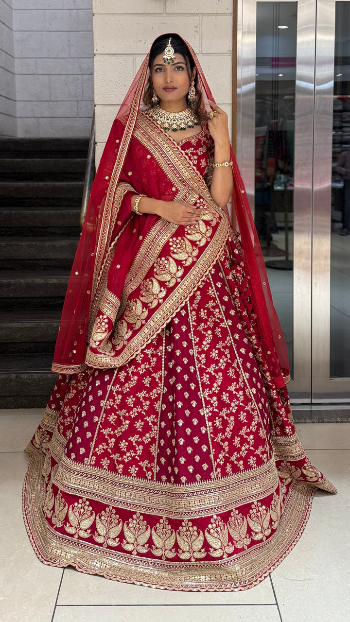 Crimson Red Heavy Embroidered Bridal Lehenga Choli with Gold Zari Work & Double Dupatta