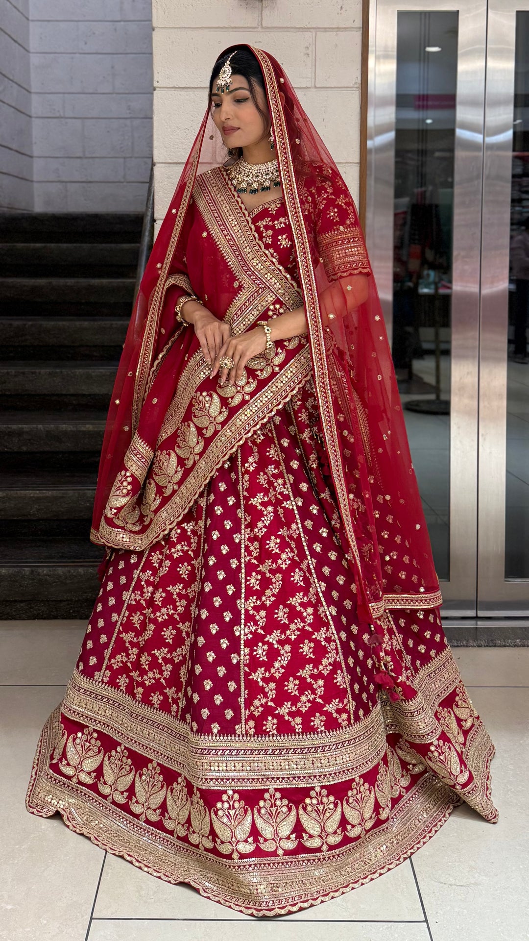 Crimson Red Heavy Embroidered Bridal Lehenga Choli with Gold Zari Work & Double Dupatta
