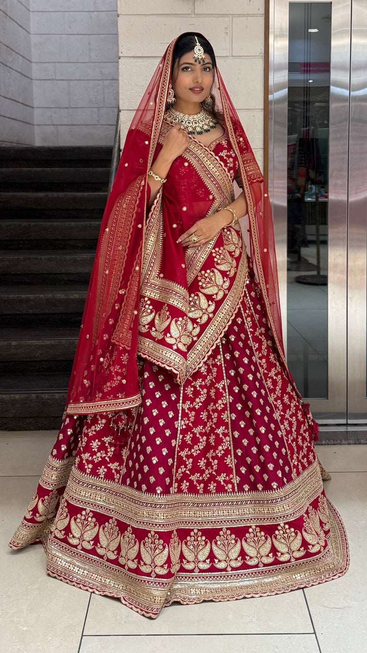 Crimson Red Heavy Embroidered Bridal Lehenga Choli with Gold Zari Work & Double Dupatta
