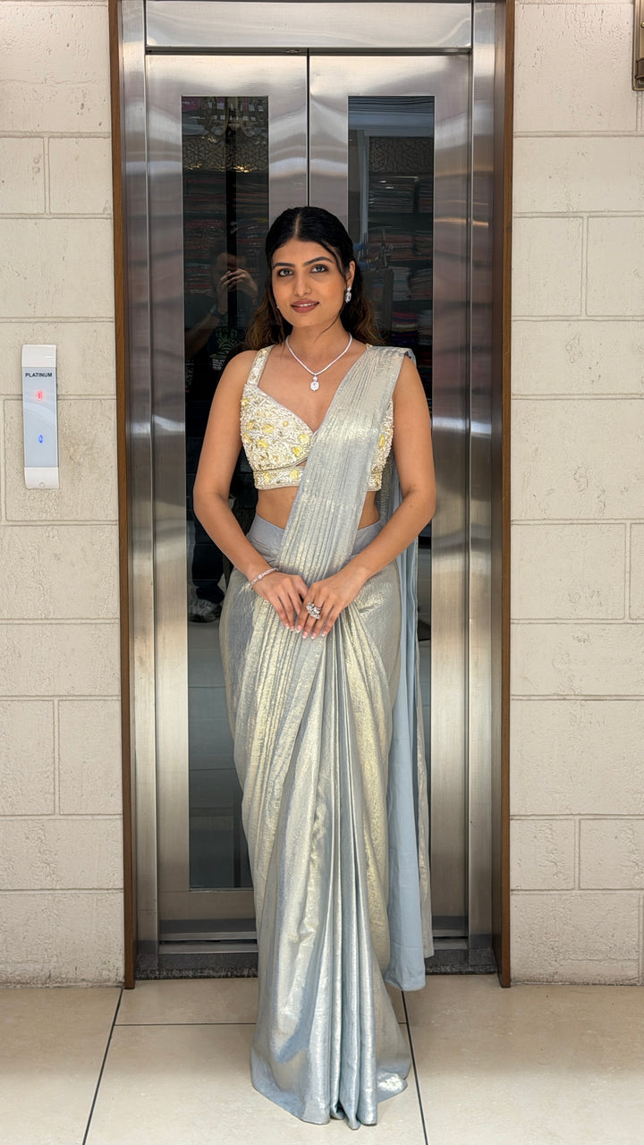 Silver Grey Designer Saree with Embellished Blouse