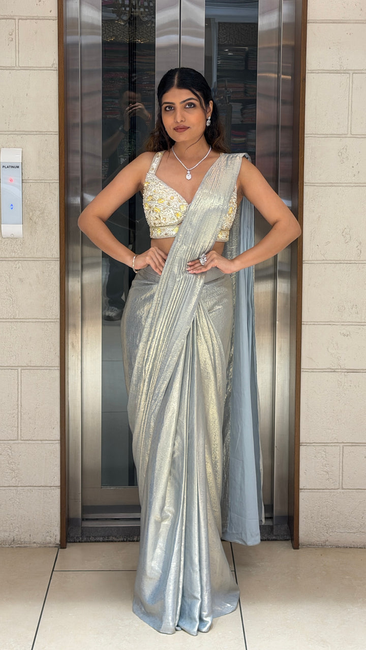 Silver Grey Designer Saree with Embellished Blouse