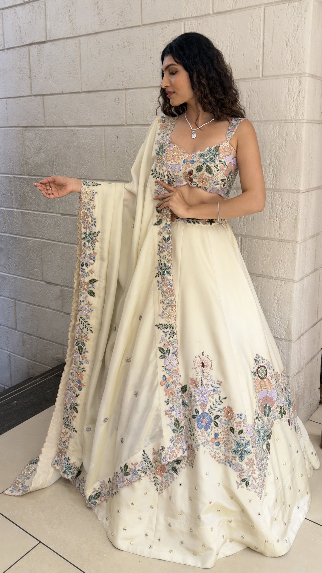 Ivory Floral Embroidered Designer Lehenga Set with Pastel Thread Work & Dupatta
