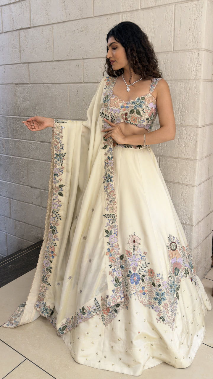Ivory Floral Embroidered Designer Lehenga Set with Pastel Thread Work & Dupatta